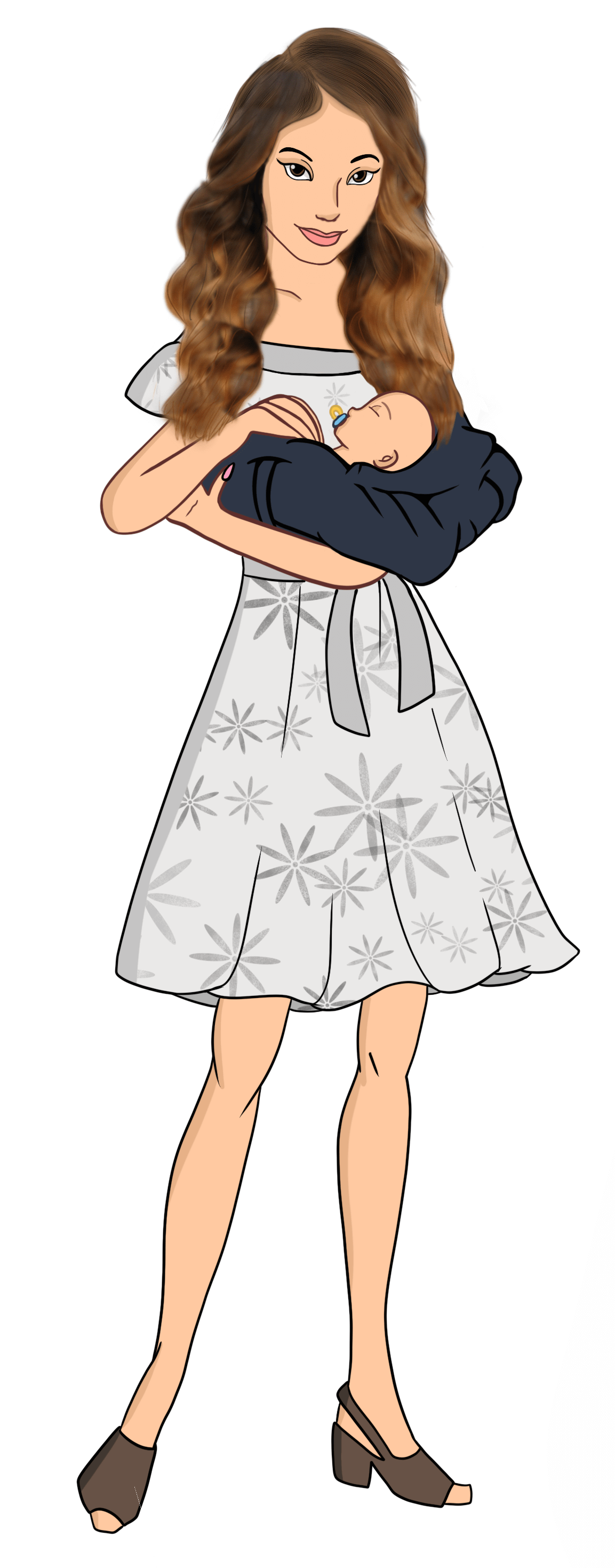 MamaMiaFinal Mama Mia Brunette Cartoon woman holding baby