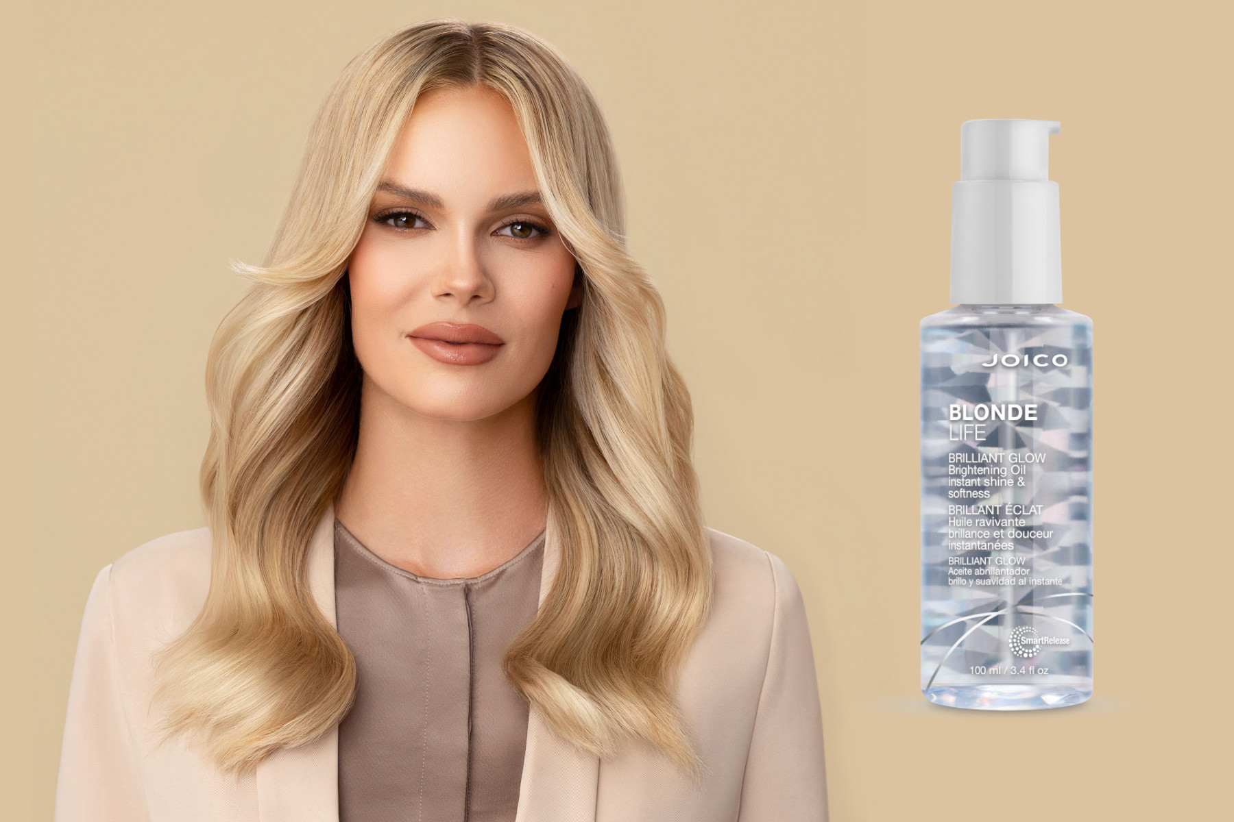 blonde life brightening oil and model