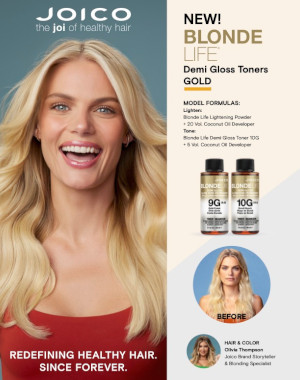 blonde life demi gloss toner gold guide with model and products