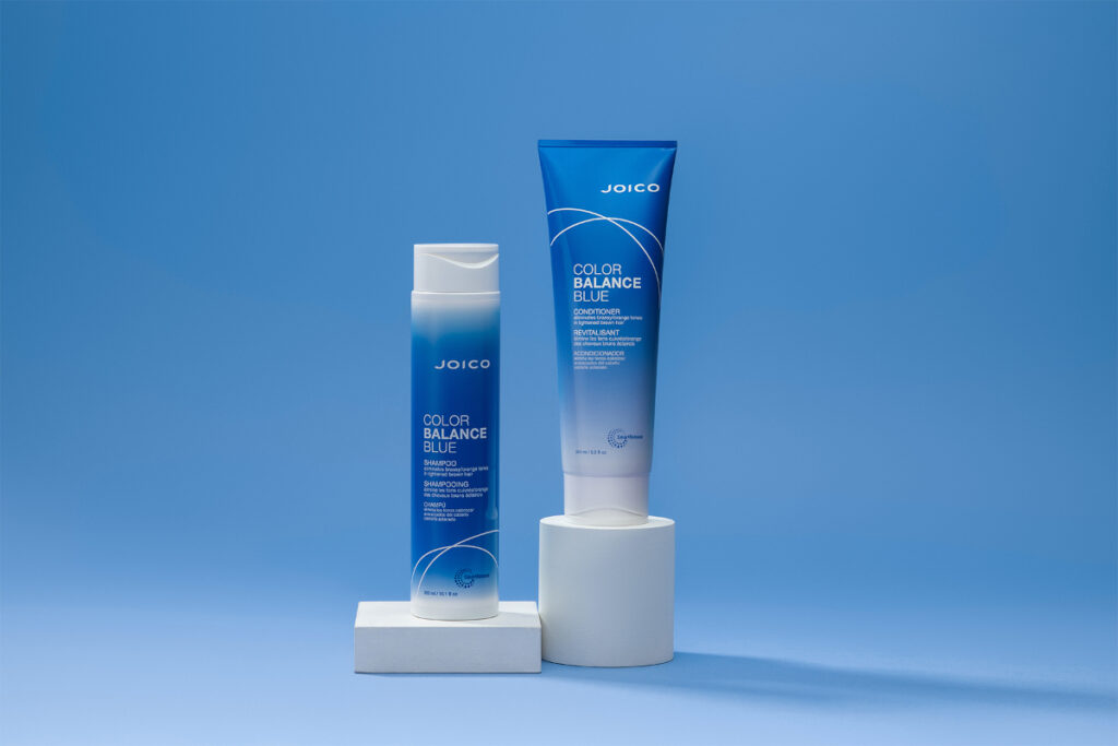 Joico Color Balance Blue Shampoo and Conditioner bottles hair product
