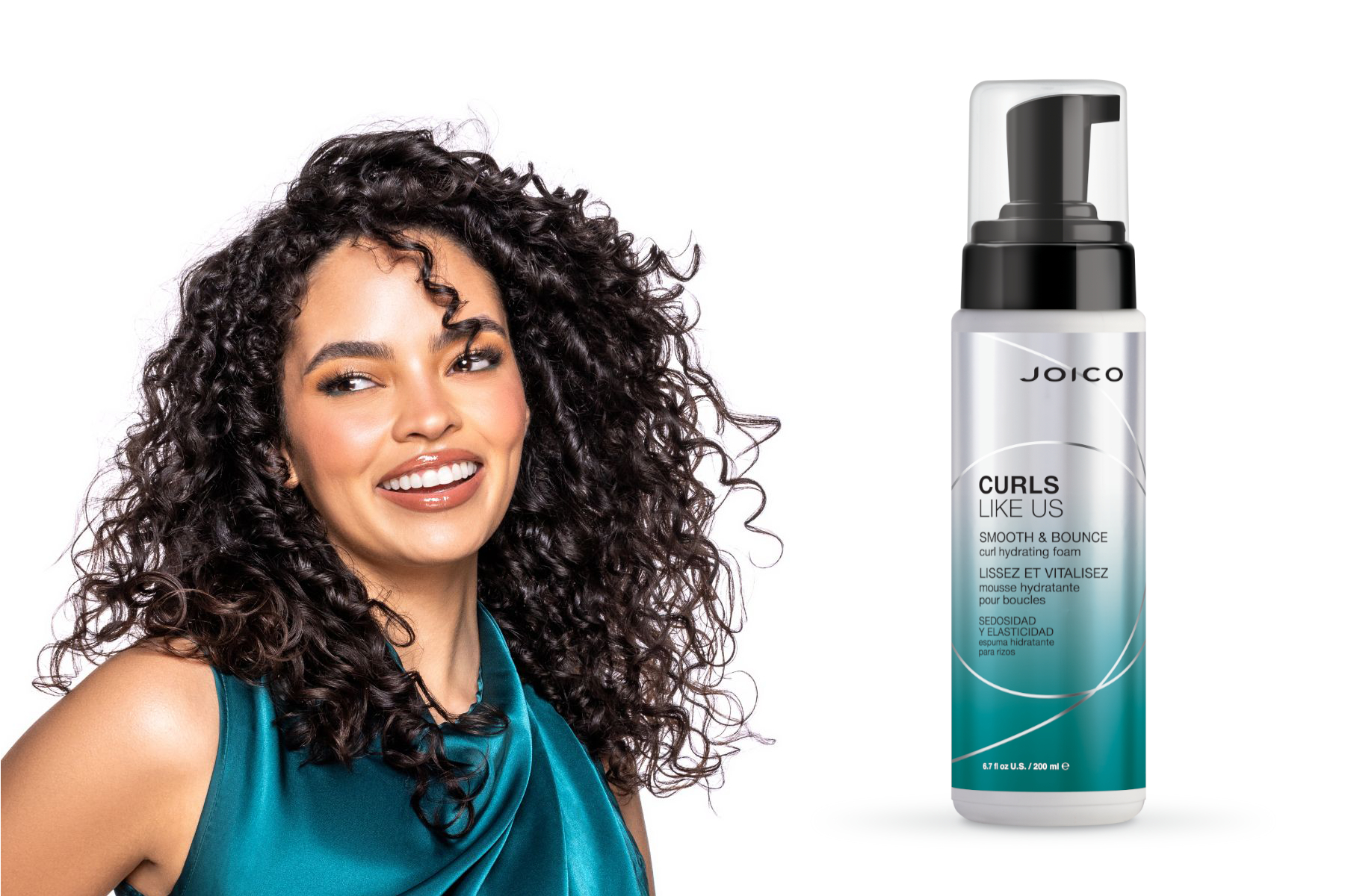 model next to curls like us smooth and bounce foam bottle