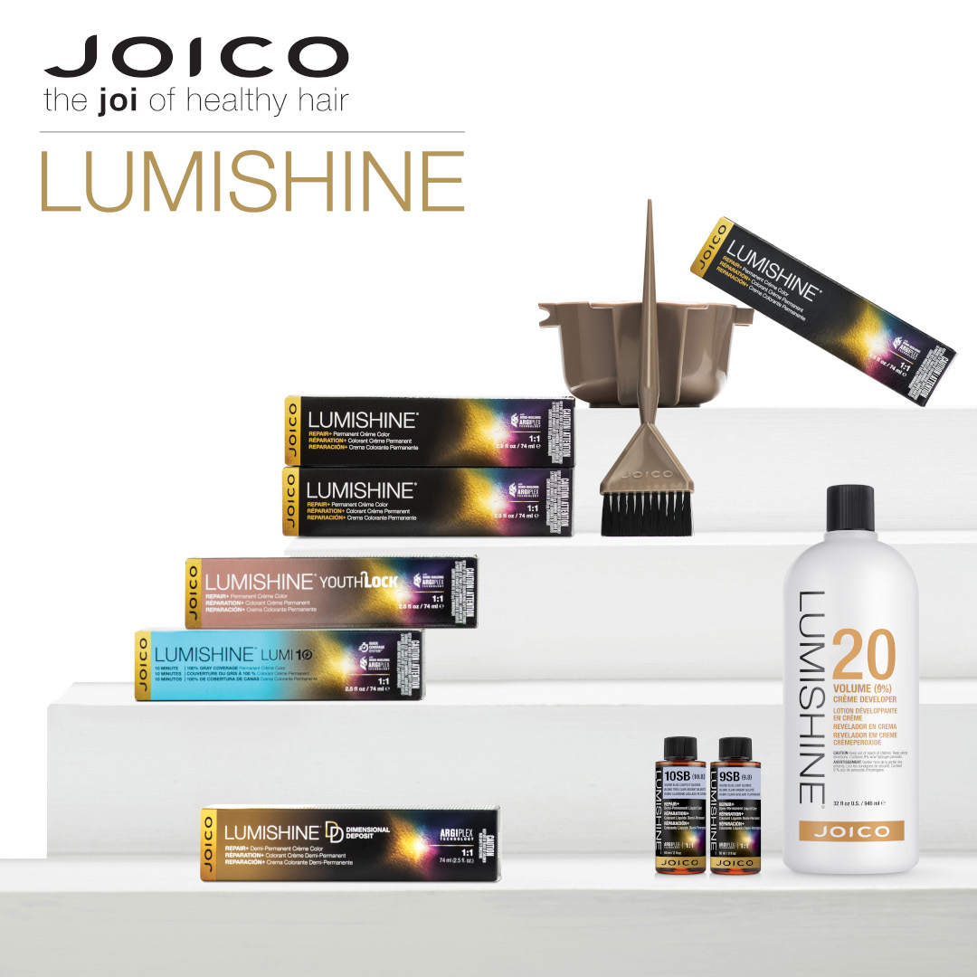 lumishine collection, permanent creme color boxes, mixing bowl and brush, lumishine youthlock bix, lumishine lumi10 box, lumishine defy damage, lumishine volume 20 creme developer, 10sb & 9SB demi permanent bottles